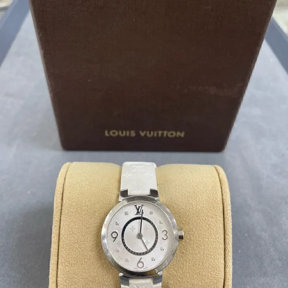 Authentic Louis Vuitton 28mm Tambour Diamond White wristwatch